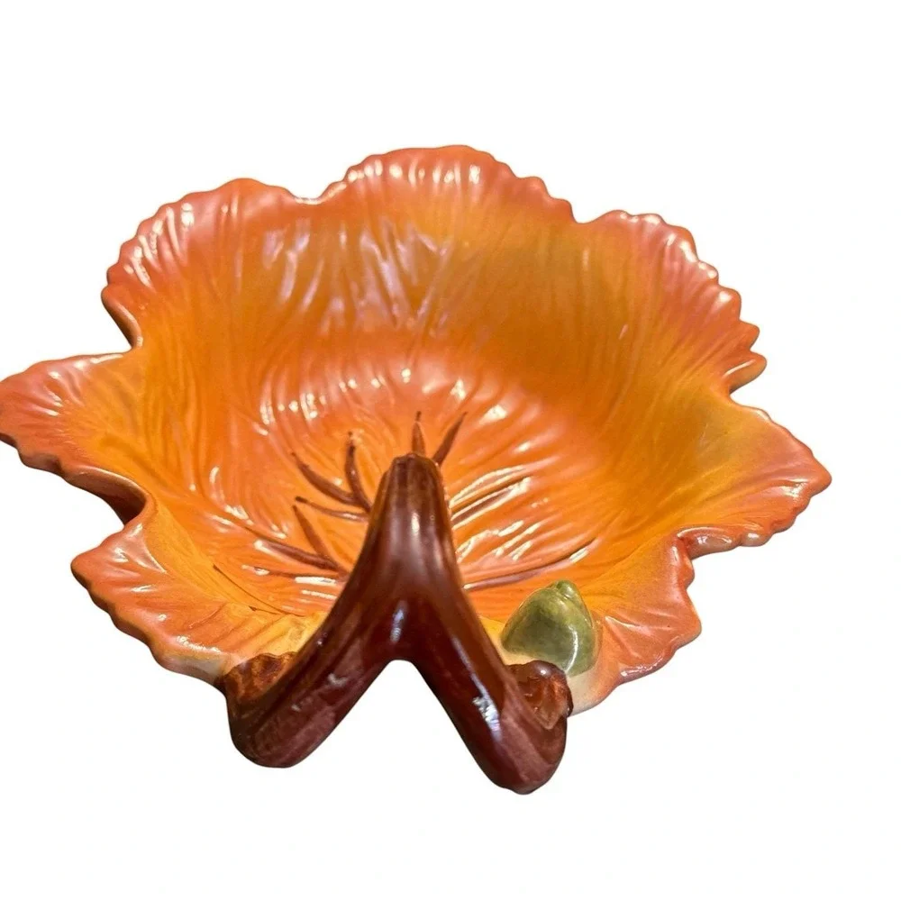 FIGI Autumn Leaf Handled Bowl Candy Nut Dish Fall Thanksgiving Orange Ceramic